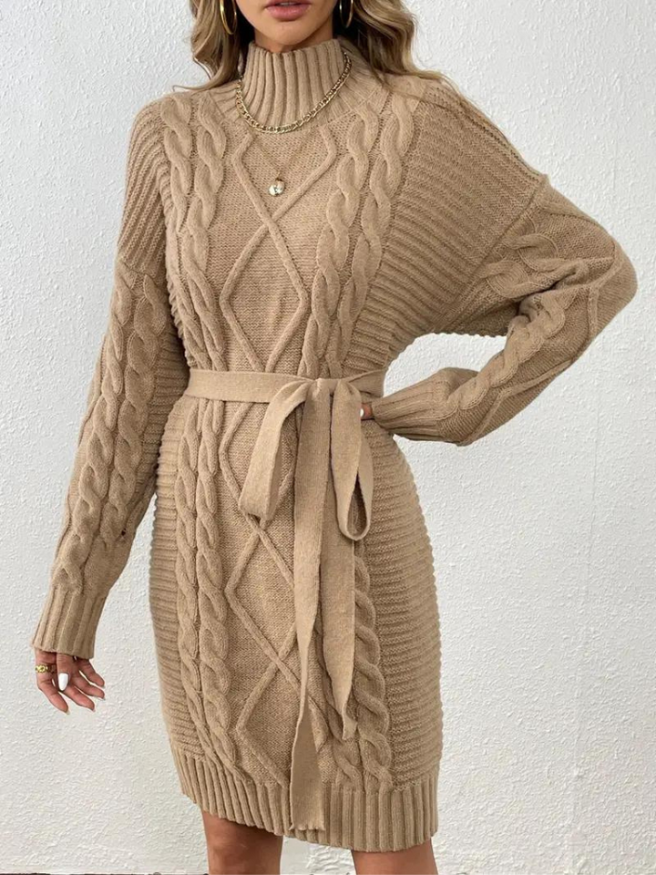 Melissa stickad klänning | Långärmad klänning med turtleneck för vintern