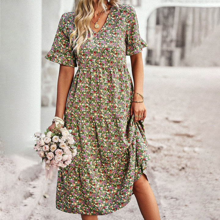 Midiklänning | Kortärmad | A-linjeformad | Blommig klänning | Sommarklänning