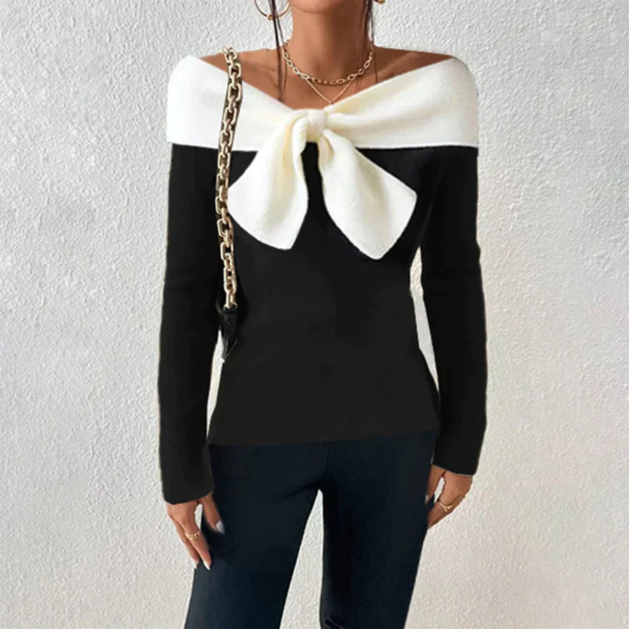 Off the Shoulder-tröja - Svart och vitt - Bow - Stickad tröja - Damkläder