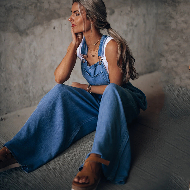 Overall med vida ben - Ärmlös - Lös passform - Denimoverall - Jumpsuit för dam