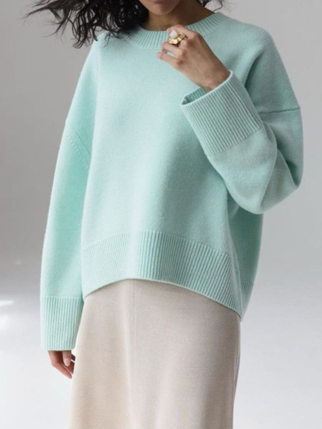 Överdimensionerad tröja - Varm stickad pullover med rund hals för kvinnor