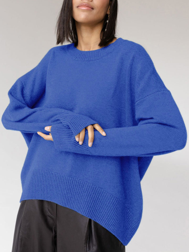 Överdimensionerad tröja - Varm stickad pullover med rund hals för kvinnor