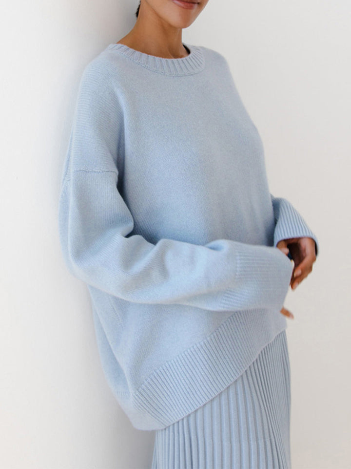 Överdimensionerad tröja - Varm stickad pullover med rund hals för kvinnor