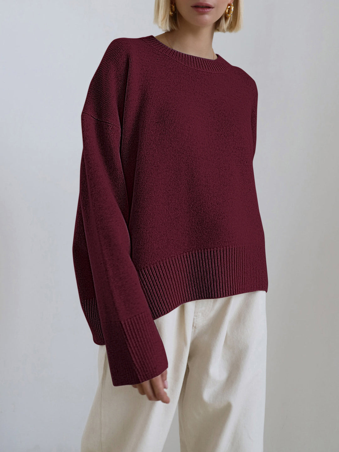 Överdimensionerad tröja - Varm stickad pullover med rund hals för kvinnor