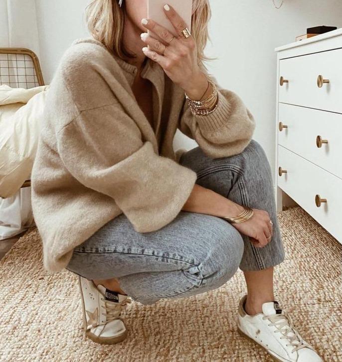 Oversized Cardigan | Button-Up | Beige | Stickad Cardigan | Damstickat