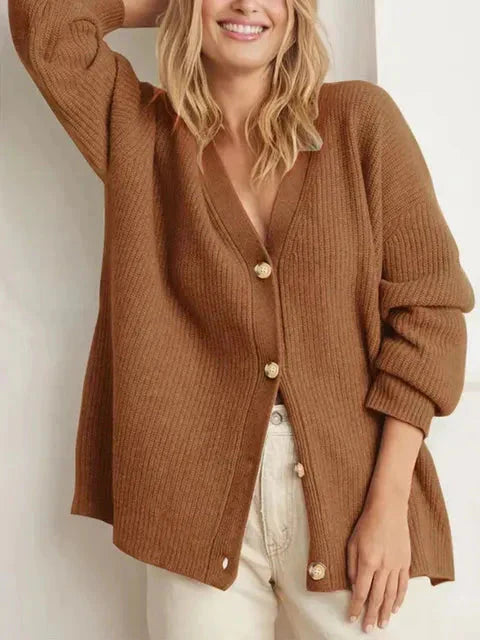 Oversized Cardigan | Knäppt | V-ringad | Stickad Chunky Cardigan | Damstickat