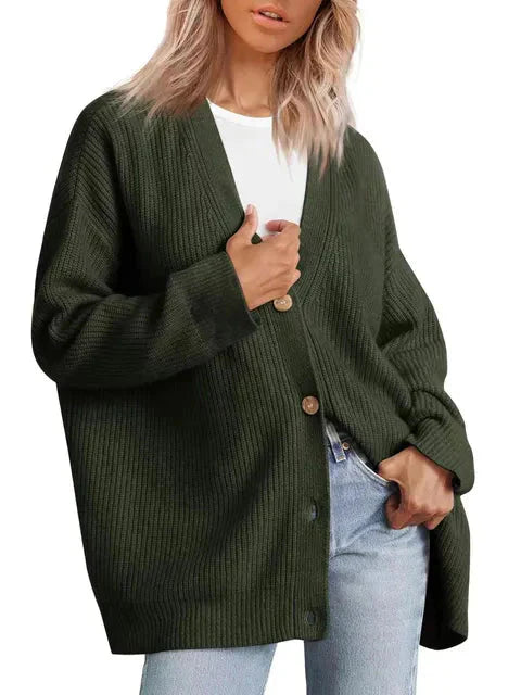 Oversized Cardigan | Knäppt | V-ringad | Stickad Chunky Cardigan | Damstickat