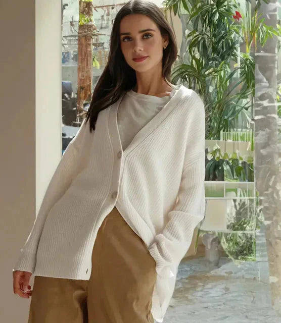 Oversized Cardigan | Knäppt | V-ringad | Stickad Chunky Cardigan | Damstickat