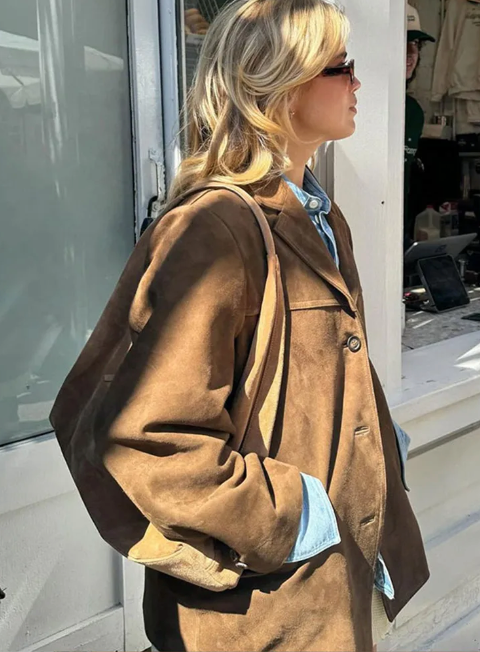 Oversized Jacka - Brun enkelknäppt höstjacka i mocka för dam