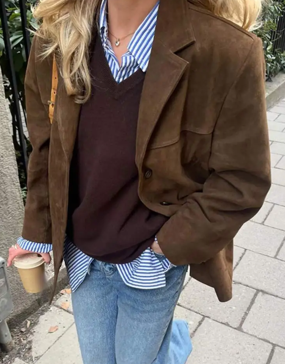 Oversized Jacka - Brun enkelknäppt höstjacka i mocka för dam