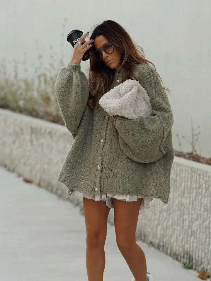 Oversized cardigan - Varm, löst sittande, stickad, tjock cardigan för kvinnor