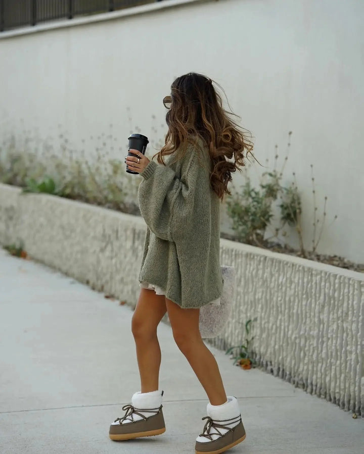 Oversized cardigan - Varm, löst sittande, stickad, tjock cardigan för kvinnor