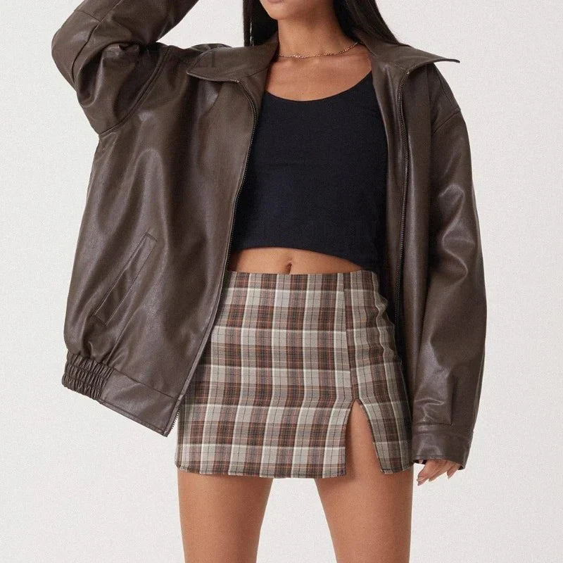 Oversized läderjacka - Svart - Brun - Läderjacka - Läderjacka för dam