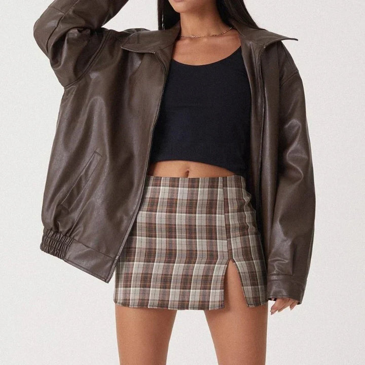 Oversized läderjacka - Svart - Brun - Läderjacka - Läderjacka för dam