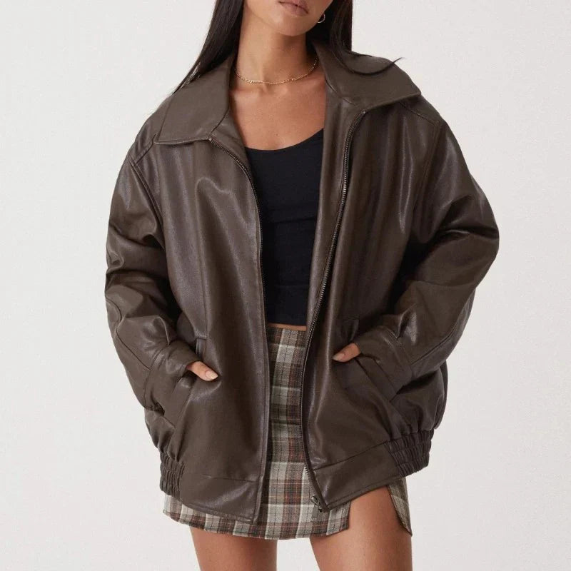 Oversized läderjacka - Svart - Brun - Läderjacka - Läderjacka för dam