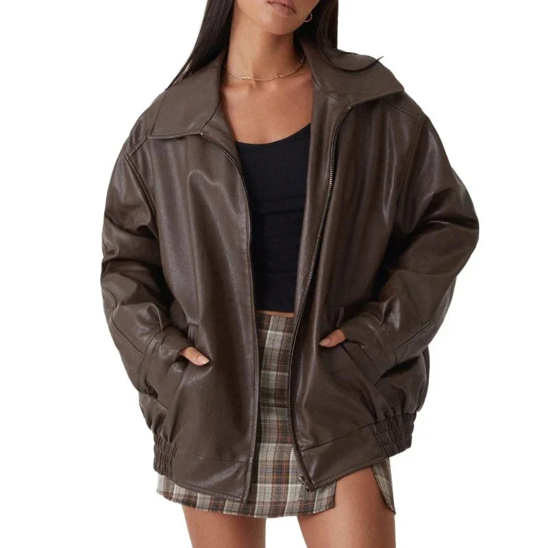 Oversized läderjacka - Svart - Brun - Läderjacka - Läderjacka för dam