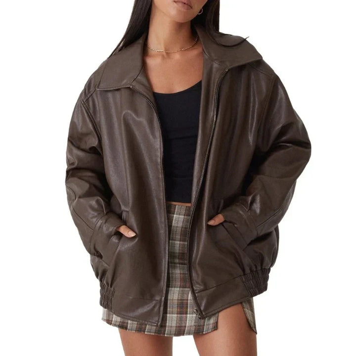 Oversized läderjacka - Svart - Brun - Läderjacka - Läderjacka för dam