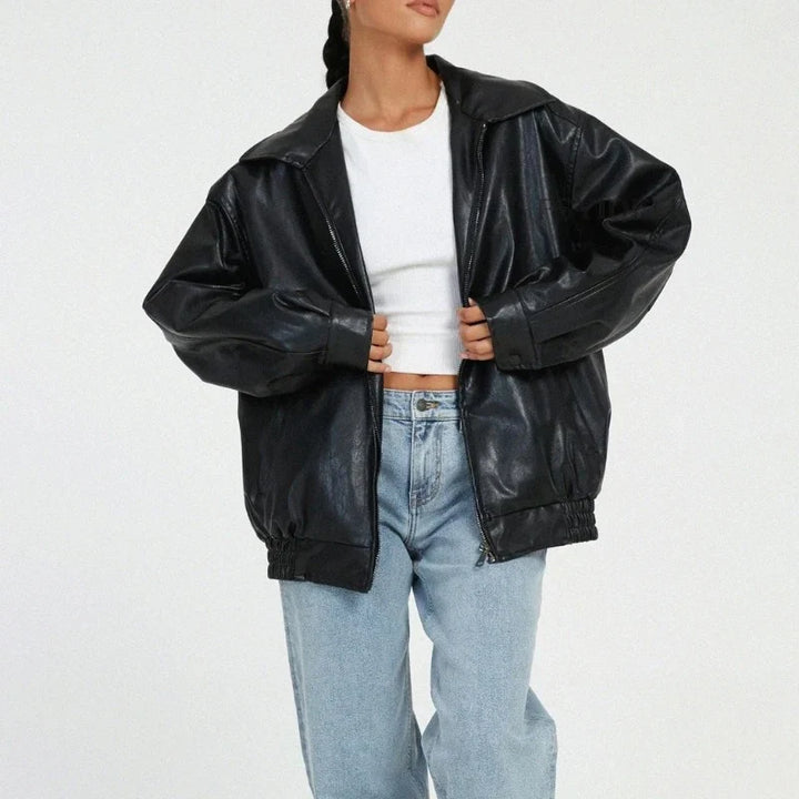 Oversized läderjacka - Svart - Brun - Läderjacka - Läderjacka för dam