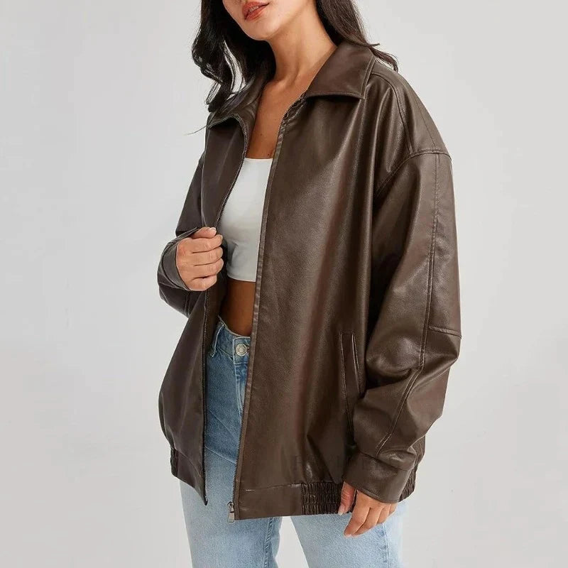Oversized läderjacka - Svart - Brun - Läderjacka - Läderjacka för dam