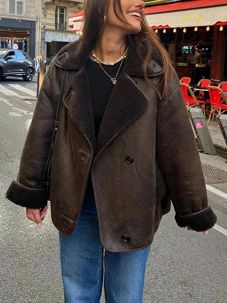 Oversized läderjacka - Vintage - Vinter - Fleece fodrad läderjacka - Damjacka