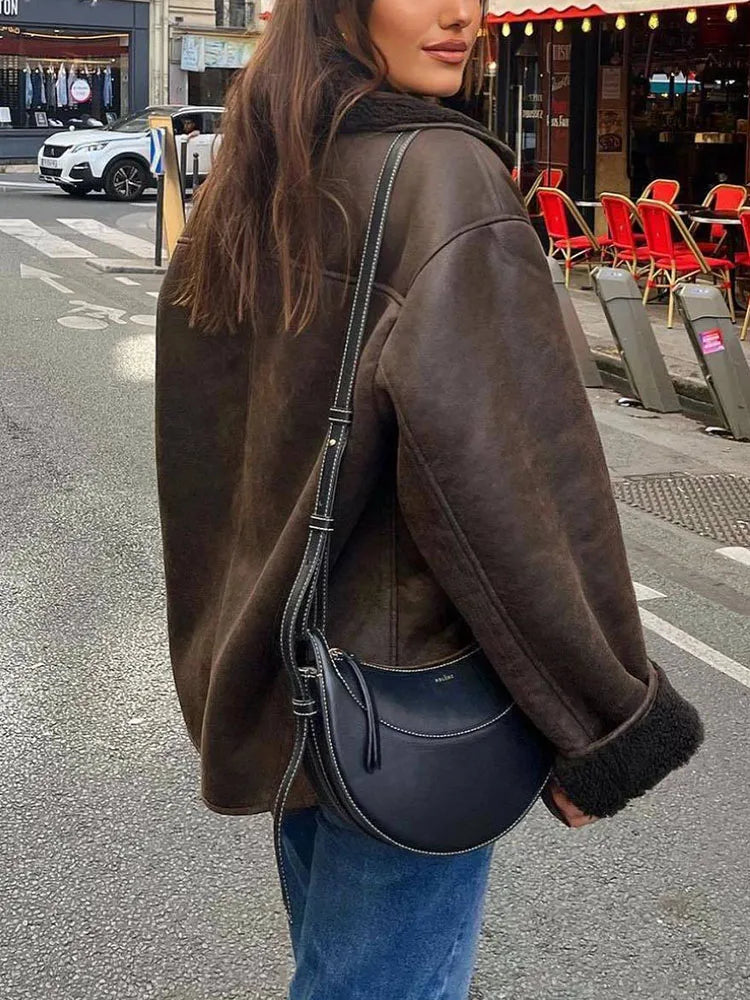 Oversized läderjacka - Vintage - Vinter - Fleece fodrad läderjacka - Damjacka