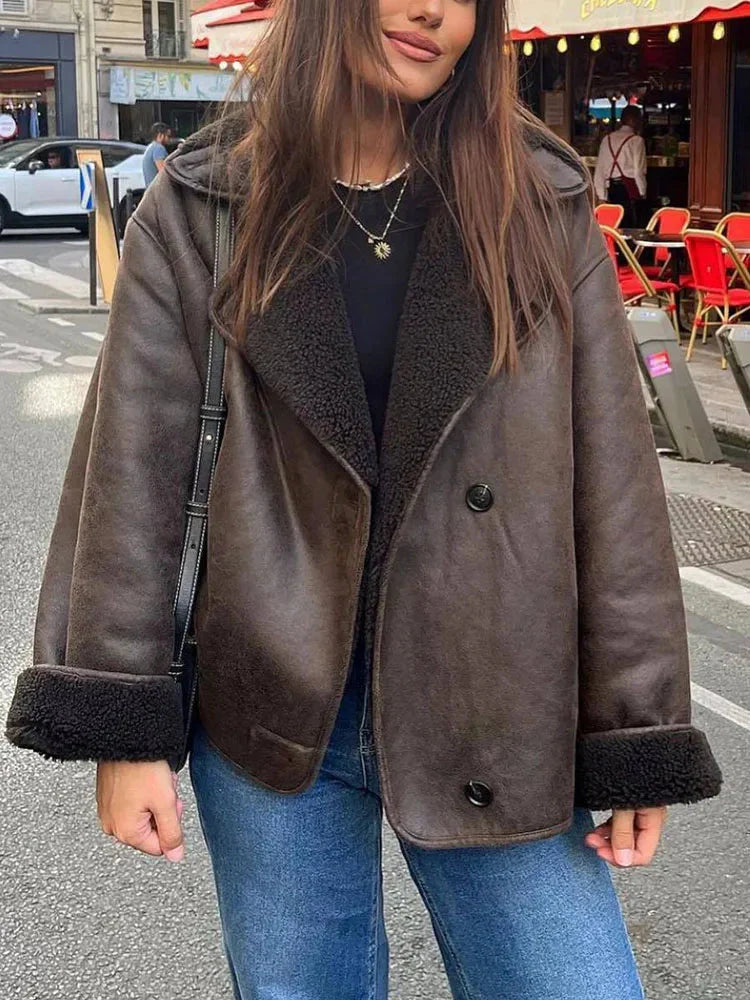 Oversized läderjacka - Vintage - Vinter - Fleece fodrad läderjacka - Damjacka