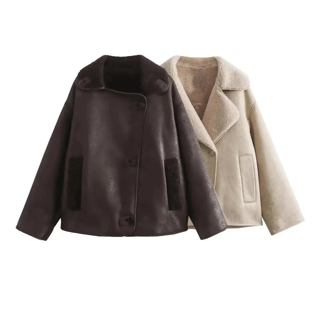 Oversized läderjacka - Vintage - Vinter - Fleece fodrad läderjacka - Damjacka