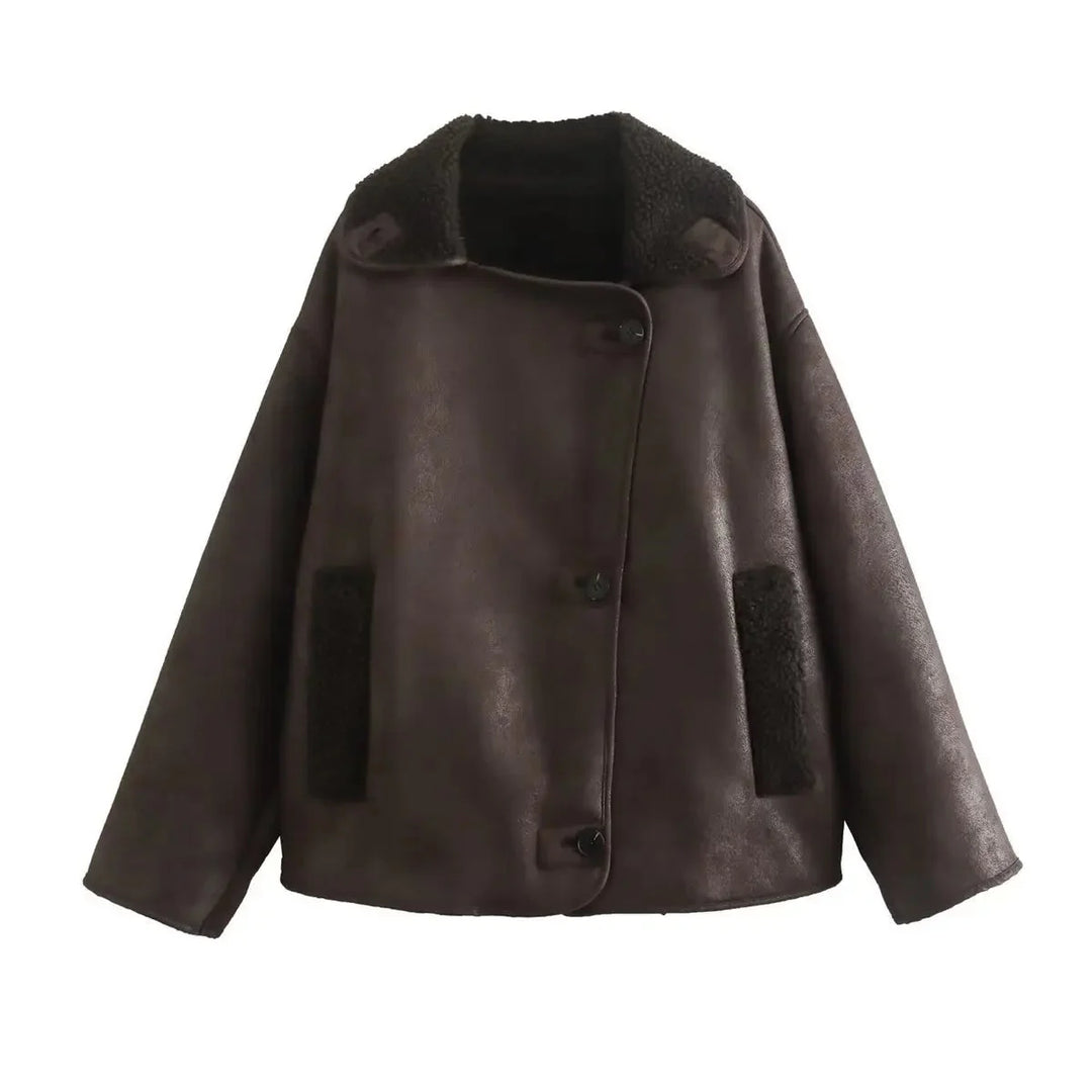 Oversized läderjacka - Vintage - Vinter - Fleece fodrad läderjacka - Damjacka