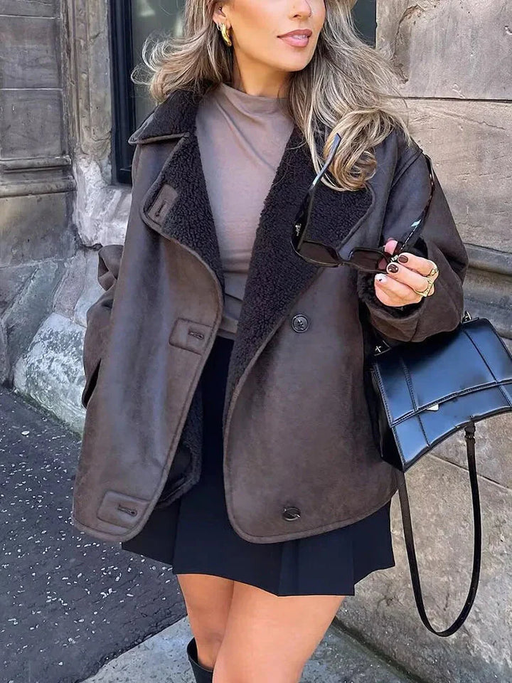 Oversized läderjacka - Vintage - Vinter - Fleece fodrad läderjacka - Damjacka