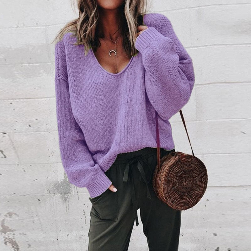 Oversized tröja | V-hals | Loose Fit | Stickad tröja | Damkläder