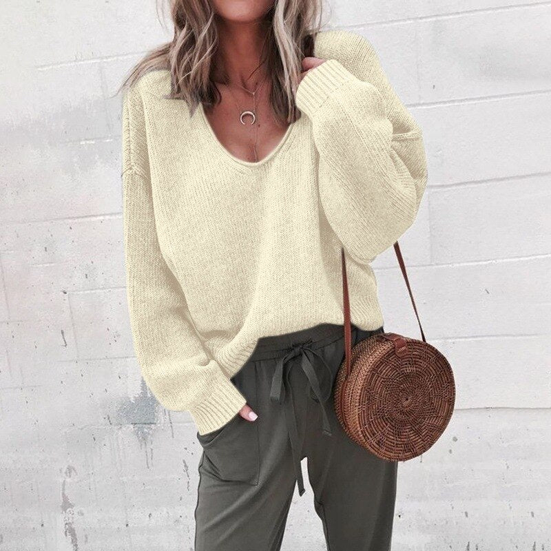 Oversized tröja - V-ringad - Loose Fit - Stickad tröja - Damstickat
