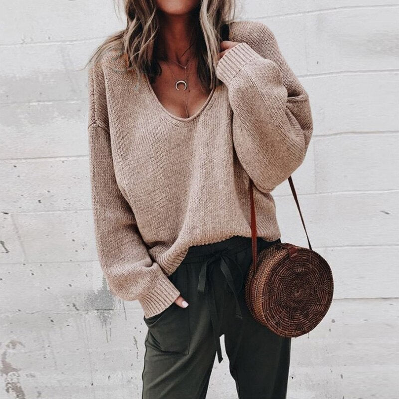Oversized tröja - V-ringad - Loose Fit - Stickad tröja - Damstickat