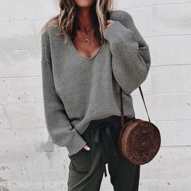 Oversized tröja - V-ringad - Loose Fit - Stickad tröja - Damstickat