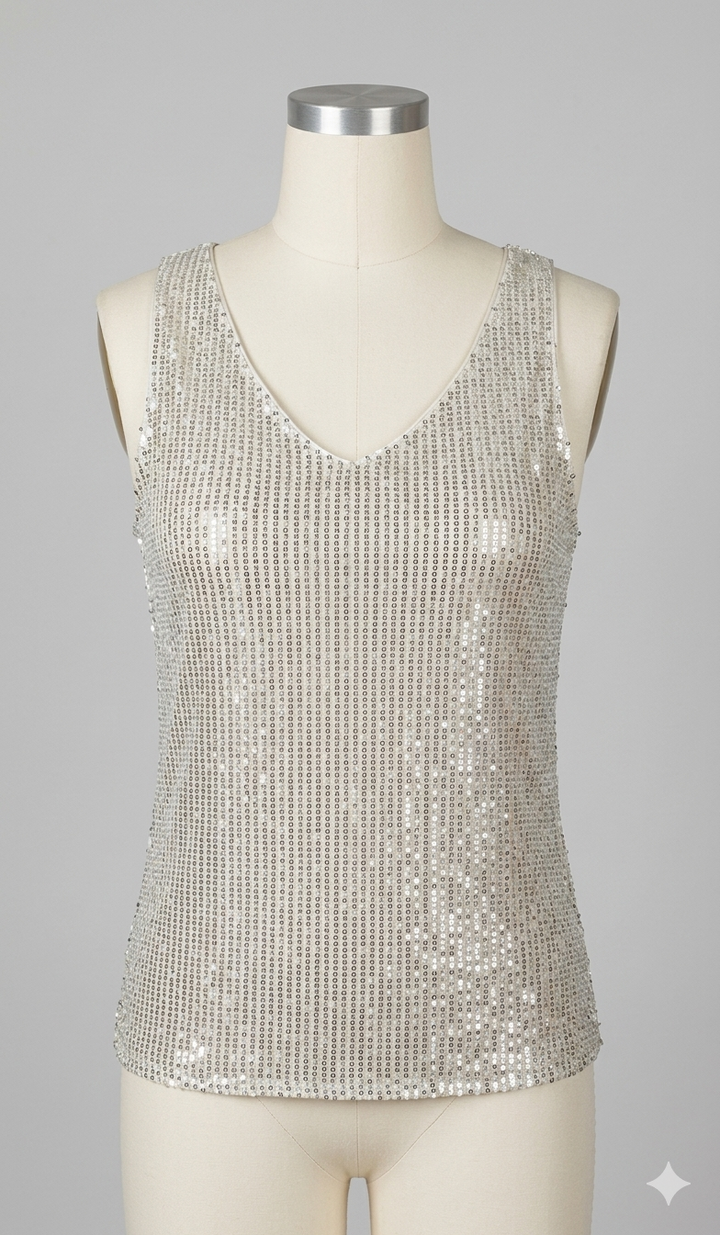 Paljett Topp | Ärmlös | V-hals | Glitter Topp | Party Topp