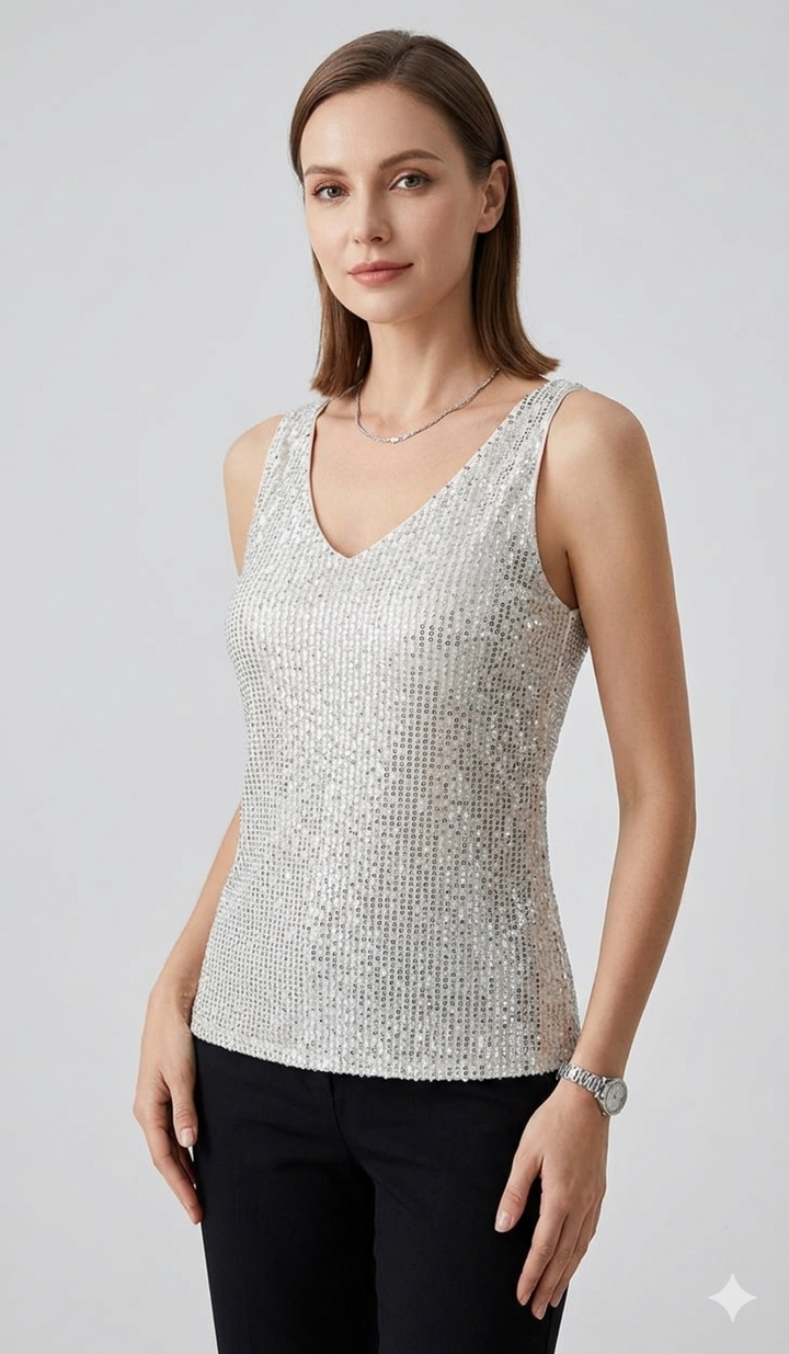 Paljett Topp | Ärmlös | V-hals | Glitter Topp | Party Topp