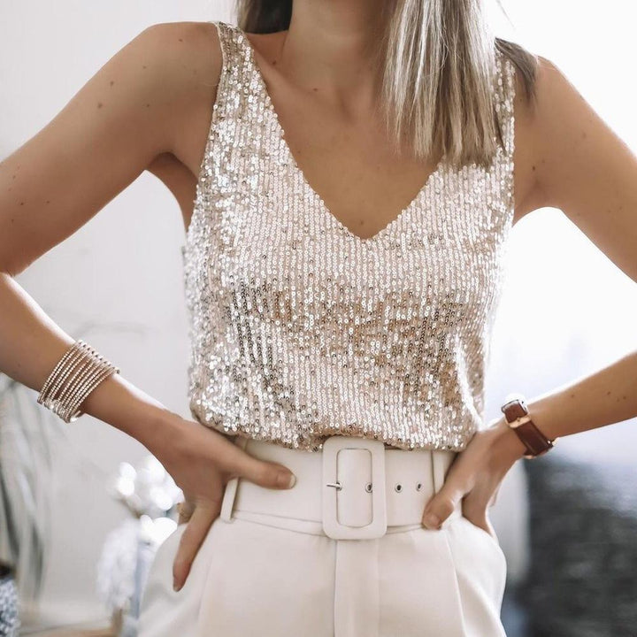 Paljett Topp | Ärmlös | V-hals | Glitter Topp | Party Topp