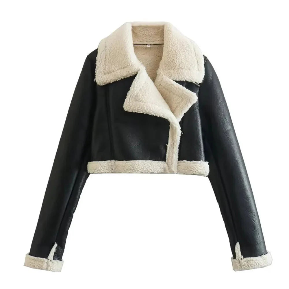 Pälsläderjacka - Cropped - Faux Läder - Vinterläderjacka - Jackor för Kvinnor