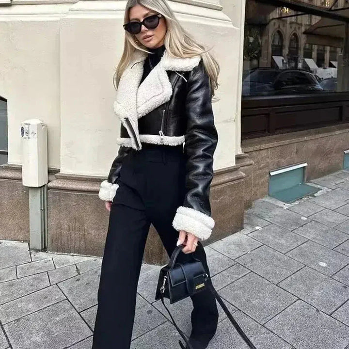 Pälsläderjacka - Cropped - Faux Läder - Vinterläderjacka - Jackor för Kvinnor