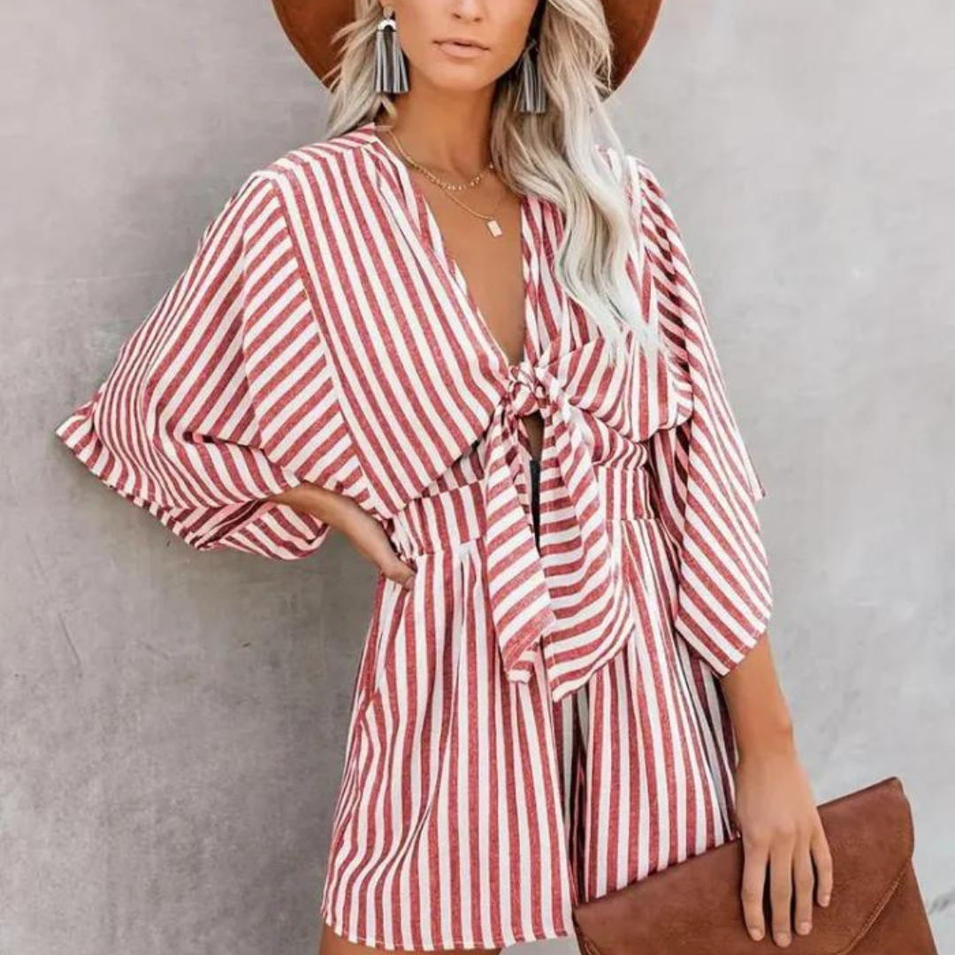 Playsuit - Randig Kortärmad Sommardumpsuit Med Knytfront För Kvinnor