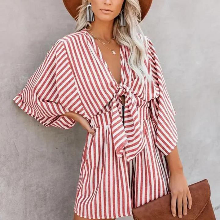 Playsuit - Randig Kortärmad Sommardumpsuit Med Knytfront För Kvinnor