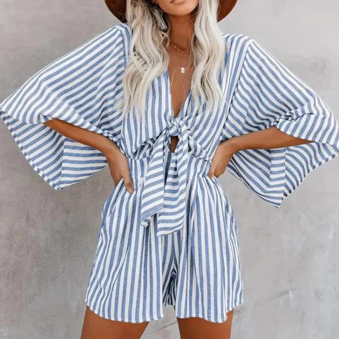 Playsuit - Randig Kortärmad Sommardumpsuit Med Knytfront För Kvinnor