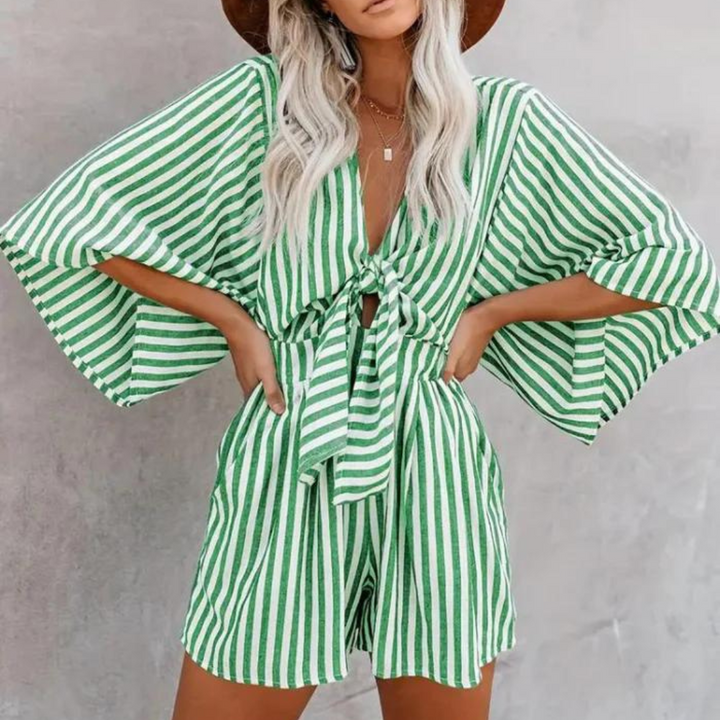 Playsuit - Randig Kortärmad Sommardumpsuit Med Knytfront För Kvinnor