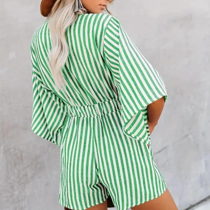 Playsuit - Randig Kortärmad Sommardumpsuit Med Knytfront För Kvinnor