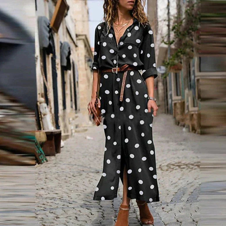 Polka Dot-klänning | Långärmad | Knäppt | Maxiklänning | Maxiklänning för sommaren
