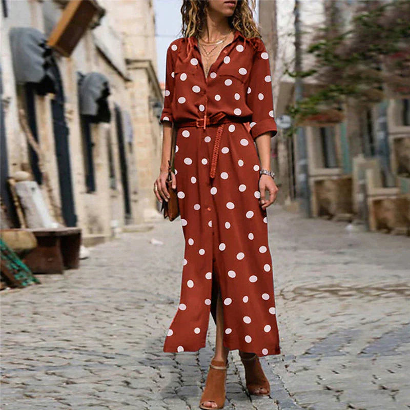 Polka Dot-klänning | Långärmad | Knäppt | Maxiklänning | Maxiklänning för sommaren