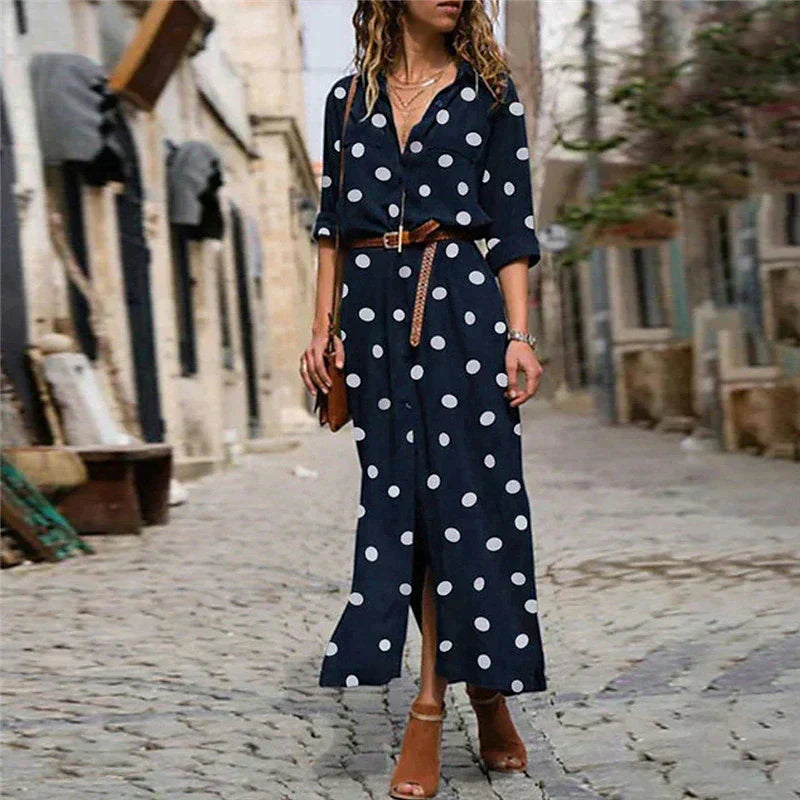 Polka Dot-klänning | Långärmad | Knäppt | Maxiklänning | Maxiklänning för sommaren