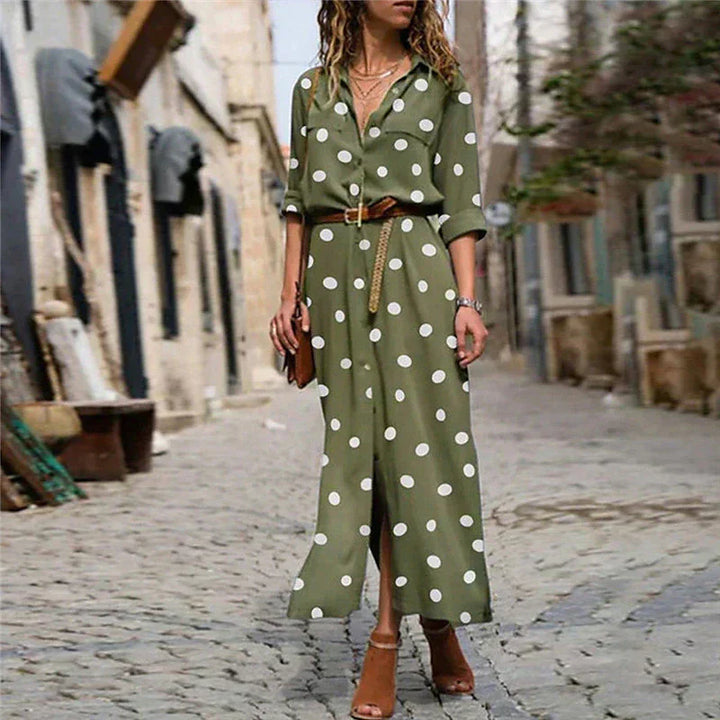 Polka Dot-klänning | Långärmad | Knäppt | Maxiklänning | Maxiklänning för sommaren