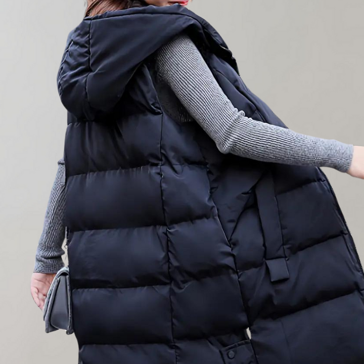 Puffer Vest - Lång huva med dragkedja och huva för kvinnor Vinterväst Bodywarmer