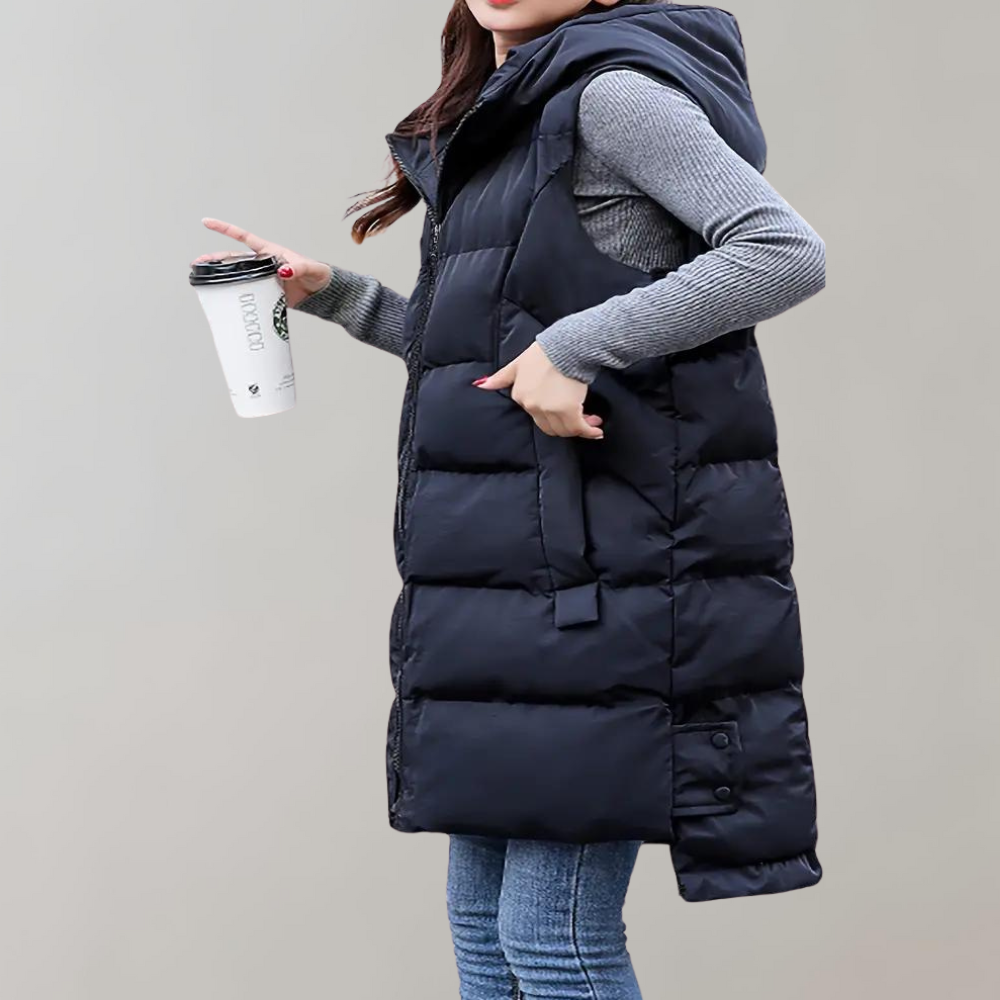 Puffer Vest - Lång huva med dragkedja och huva för kvinnor Vinterväst Bodywarmer