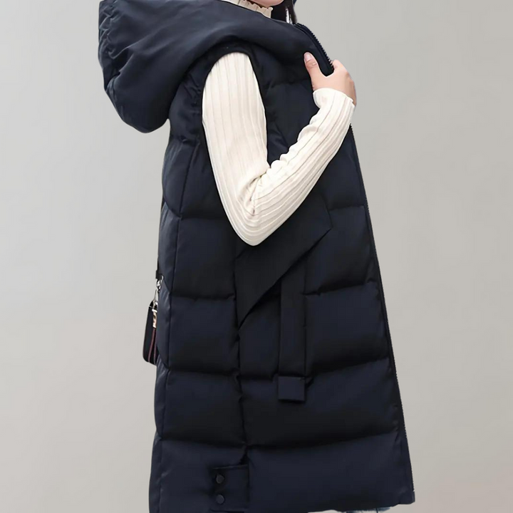 Puffer Vest - Lång huva med dragkedja och huva för kvinnor Vinterväst Bodywarmer